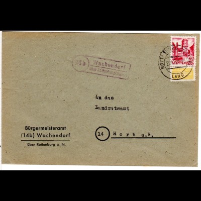 1949, Landpost Stpl. 14 b WACHENDORF über Rottenburg auf Bürgermeister Brief 