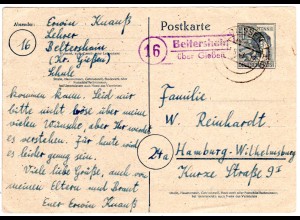 1948, Landpost Stpl. 16 BEITERSHAIN über Gießen auf 12 Pf. Ganzsache.