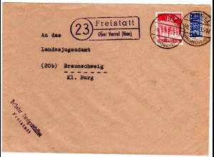 1949, Landpost Stpl. 23 FREISTATT über Varrel (Han) auf Brief m. 20 Pf. 