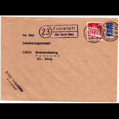 1949, Landpost Stpl. 23 FREISTATT über Varrel (Han) auf Brief m. 20 Pf. 