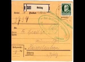 Bayern 1916, Reservestempel HEISING R auf Paketkarte m. EF 60 Pf. i.d. Pfalz.