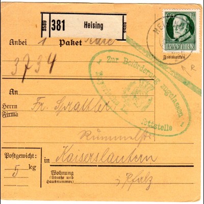 Bayern 1916, Reservestempel HEISING R auf Paketkarte m. EF 60 Pf. i.d. Pfalz.