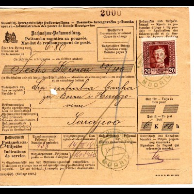 Bosnien 1918, 20 H. auf Nachnahme Postanweisung v. Modric über 6 Kr. 80 H.