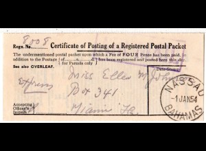 Bahamas 1954, Postschein f. ein eingeschriebenes Luftpost Paket v. Nassau