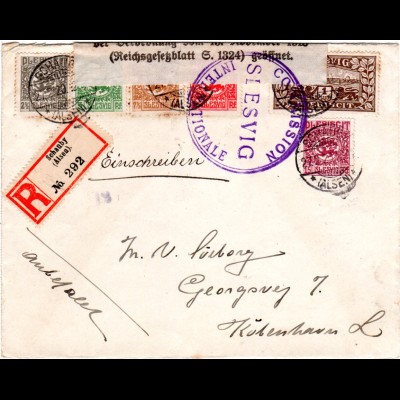 Schleswig 1920, 6 Marken auf Einschreiben Zensur Brief v. Schauby (Alsen)