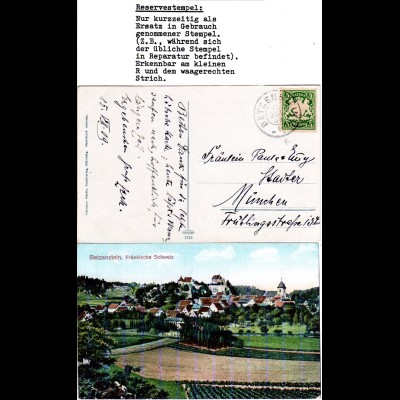 Bayern 1909, Reservestempel BETZENSTEIN R auf Farb-AK m. 5 Pf. (Helbig 80).