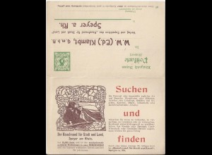 Bayern 1907, Anzeigen Ganzsache Doppelkarte, gebr. v Speyer. #S74
