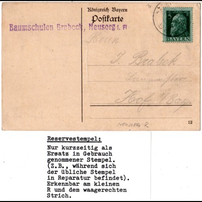 Bayern 1913, Reservestempel NEUSORG R auf Karte m. 5 Pf.