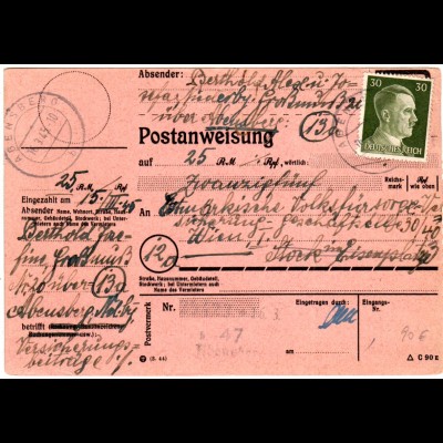 DR 1945, 30 Pf. auf später Postanweisung v. ABENSBERG n. Österreich. 