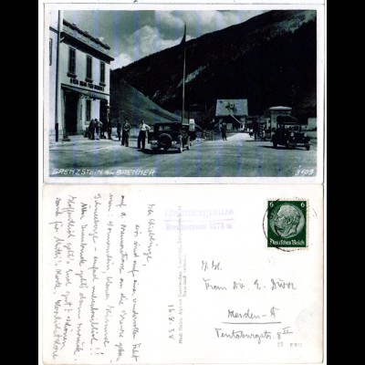 Österreich, Grenze am Brenner m. Oldtimern u. Persoinen, 1938 gebr. sw-AK