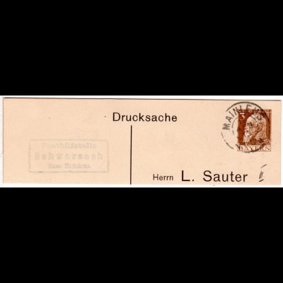 Bayern 1913, Posthilfstelle SCHWARZACH Taxe Mainleus auf Ganzsachenteil
