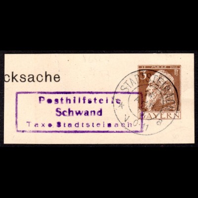 Bayern 1913, Posthilfstelle SCHWAND Taxe Stadtsteinach auf Ganzsachenteil
