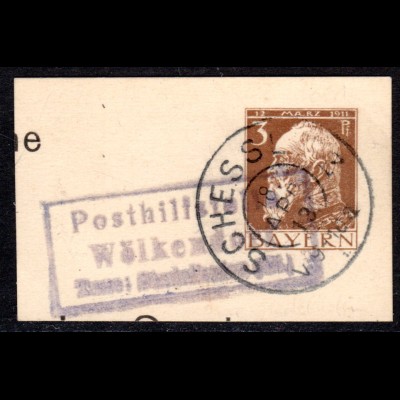 Bayern 1913, Posthilfstelle WÖLKENDORF Taxe Stadelhofen auf Ganzsachenteil