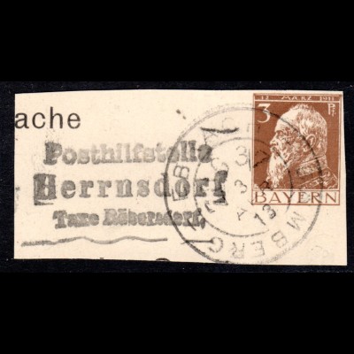 Bayern 1913, Posthilfstelle HERRNSDORF Taxe Röbersdorf auf Ganzsachenteil m. BP