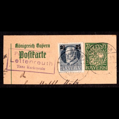 Bayern 1919, Posthilfstelle LETTENREUTH Taxe Marktzeuln auf Ganzsachenteil 