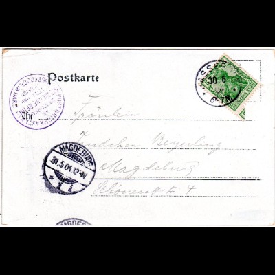 DR 1904, blauer K1 Postbriefkasten Steinerne Renne auf AK m. 5 Pf. v. Hasserode