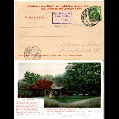 DR 1903, Posthülfstelle Zum Uglei auf Gasthaus Farb-AK m. 5 Pf. Germania