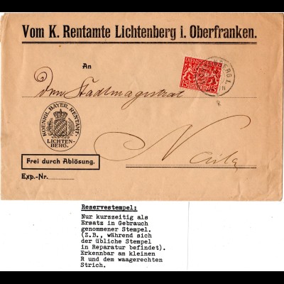Bayern 1916, Dienst 15 Pf. zinnober auf Brief m. Reservestpl. LICHTENBERG R