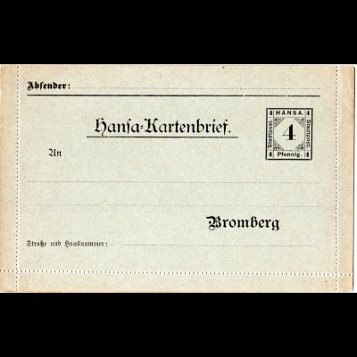 DR Private Stadtpost Bromberg, sauber ungebr. 4 Pf. Hansa Kartenbrief