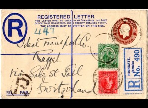 Trinidad 1931, 1/2+1d Zusatzfr. auf 2d Reko-Ganzsache nach Ruggell Liechtenstein