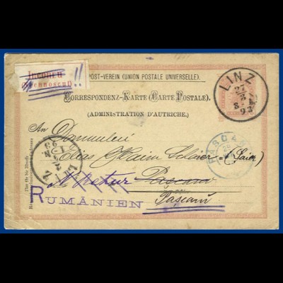 Österreich 1893, 5 Kr. Ganzsache v. Linz m. Rumänien Inconnu Zettel. #S19