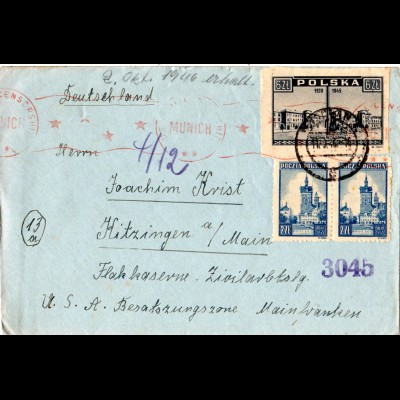 Polen 1946, Zensur Brief v. Wroclaw ins Zivilarbeitslager Flakkaserne Kitzingen