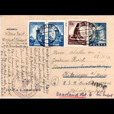 Polen 1946, Zensur Ganzsachenkarte v. Wroclaw ins Zivilarbeitslager Kitzingen