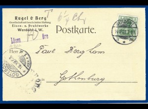 DR 1903, 5 Pf. Germania auf Porto -Karte Werdohl - Schweden. LÖSEN.10öre. #S67