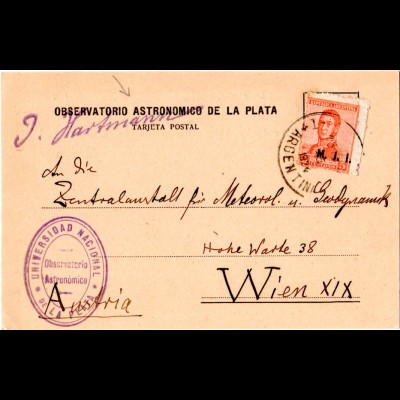 Argentinien 1924, 5 C. Dienst auf Observatorio Astronomico Karte n. Österreich