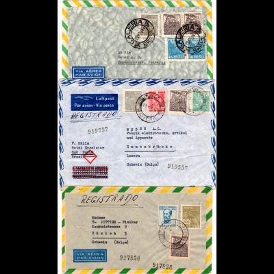 Brasilien 1947, 3 Luftpost Briefe in die Schweiz, dabei 1x Reko!