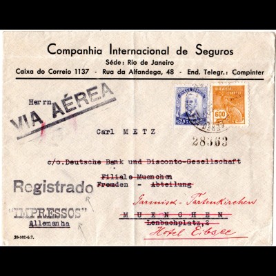 Brasilien 1937, 5000+600 R. auf Luftpost Einschreiben Drucksache n. Deutschland.
