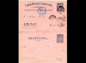 Chile 1894, 3 C. Doppelkarte Ganzsache v. Santiago n. Frankreich.