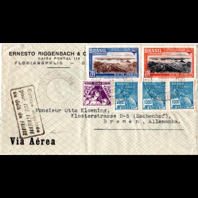 Brasilien 1937, 6 Marken auf Brief m. Stpl. Luftpostzuschlag kpl. bezahlt...