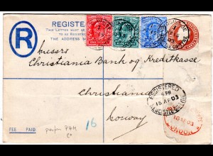 GB 1903, 3 stamps with perfins on 1d registered stationery envelope to Norway