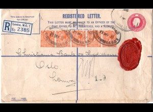 GB 1932, 5x2d on 4 1/2d registered stationery envelope from London to Norway.