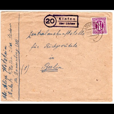 1945, Landpost Stpl. 20 KIEFEN über Lüchow auf Brief m. 12 Pf. 