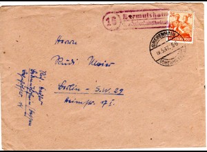 1945, Landpost Stpl. 16 BERMUTSHAIN über Grebenhain auf Brief m. 24 Pf. 
