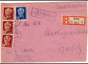 DDR 1952, Landpost Stpl. KLEPZIG über Belzig auf Einschreiben Brief m. 4 Marken