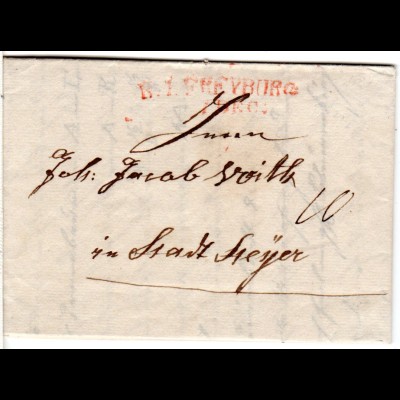 Baden 1834, roter L2 R.1. FREYBURG auf Teilporto Brief n. Steyr Österreich