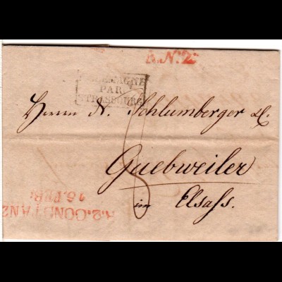 Baden 1819, roter R.2. CONSTANZ auf Brief von Schroffen n. Frankreich 