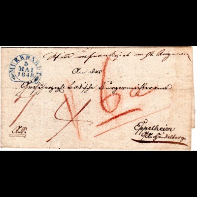 Württemberg 1848, blauer Steigbügelstpl. MURRHARDT klar auf AS-Brief nach Baden