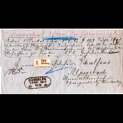 Bayern 1865, Fahrpoststempel NÜRNBERG auf Nachnahme Paketbrief n. Württemberg