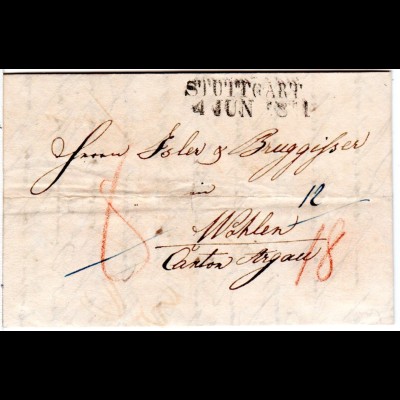 Württemberg 1841, L2 STUTTGART auf Porto Brief i.d. Schweiz