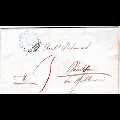 Württemberg 1849, blauer Steigbügelstpl. LUDWIGSBURG auf sauberem Porto Brief 