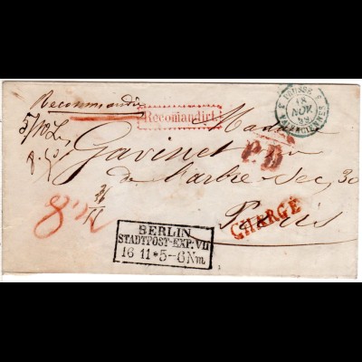 Preussen 1859, R3 BERLIN STADTPOST-EXP: VII auf Einschreiben Brief n. Frankreich