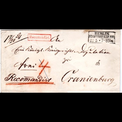 Preussen 1856, R3 BERLIN STADTPOST-EXP:VIII auf Reko Brief n. Oranienburg