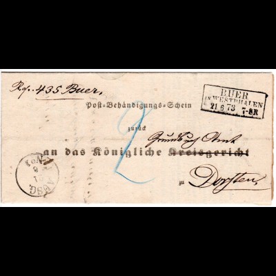 DR 1873, R3 BUER IN WESTPHALEN auf Behändigungs-Schein Brief n. Dorsten