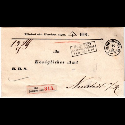 NDP 1869, K2 HANNOVER u. R3 Neustadt am Rübenberge auf Vordruck Paket Brief