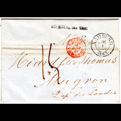 Hamburg 1849, Taxis-K3 u. Nach Abg. der Post auf Porto Brief n. Frankreich