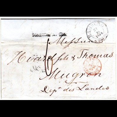 Hamburg 1849, Taxis-K3 u. Nach Abg der Post auf Porto Brief n. Mugron Frankreich